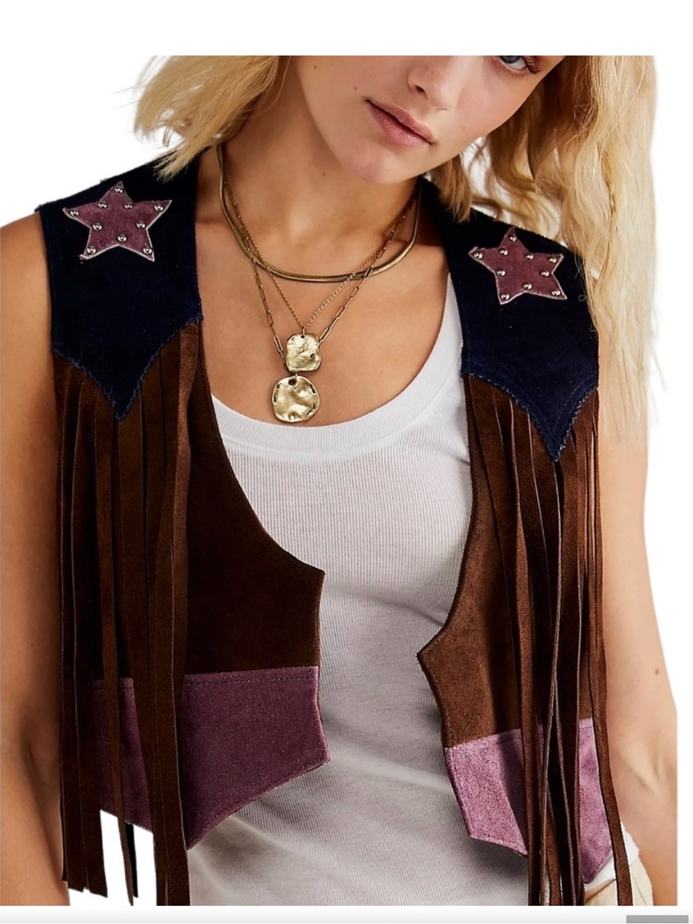 New Free People / Understated leather American Star Stud Fringe Vest small